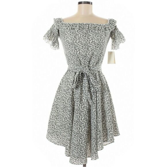 TULAROSA Ciao Bella off the shoulder ruffle tie waist dress black white Sz M NEW - Picture 1 of 6